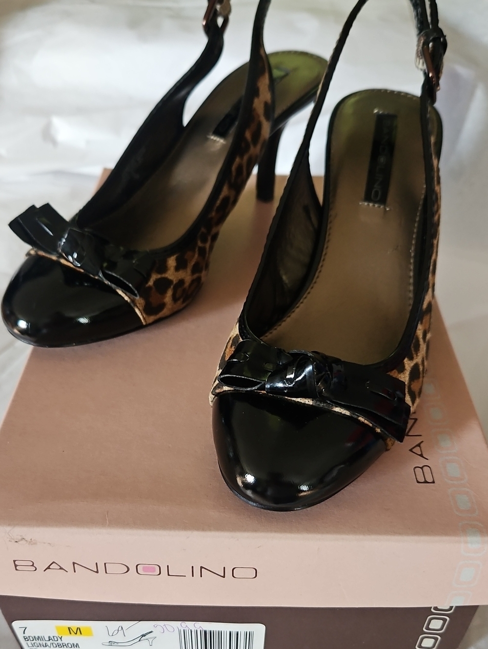 Bandolino Black Patent and Leopard Print Slingback Heels